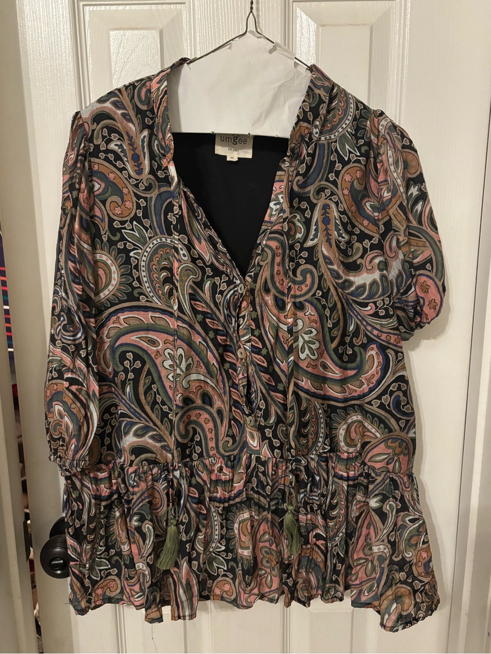 Umgee Black Paisley V-Neck Long Sleeve Dress with Pink and Tan Accents